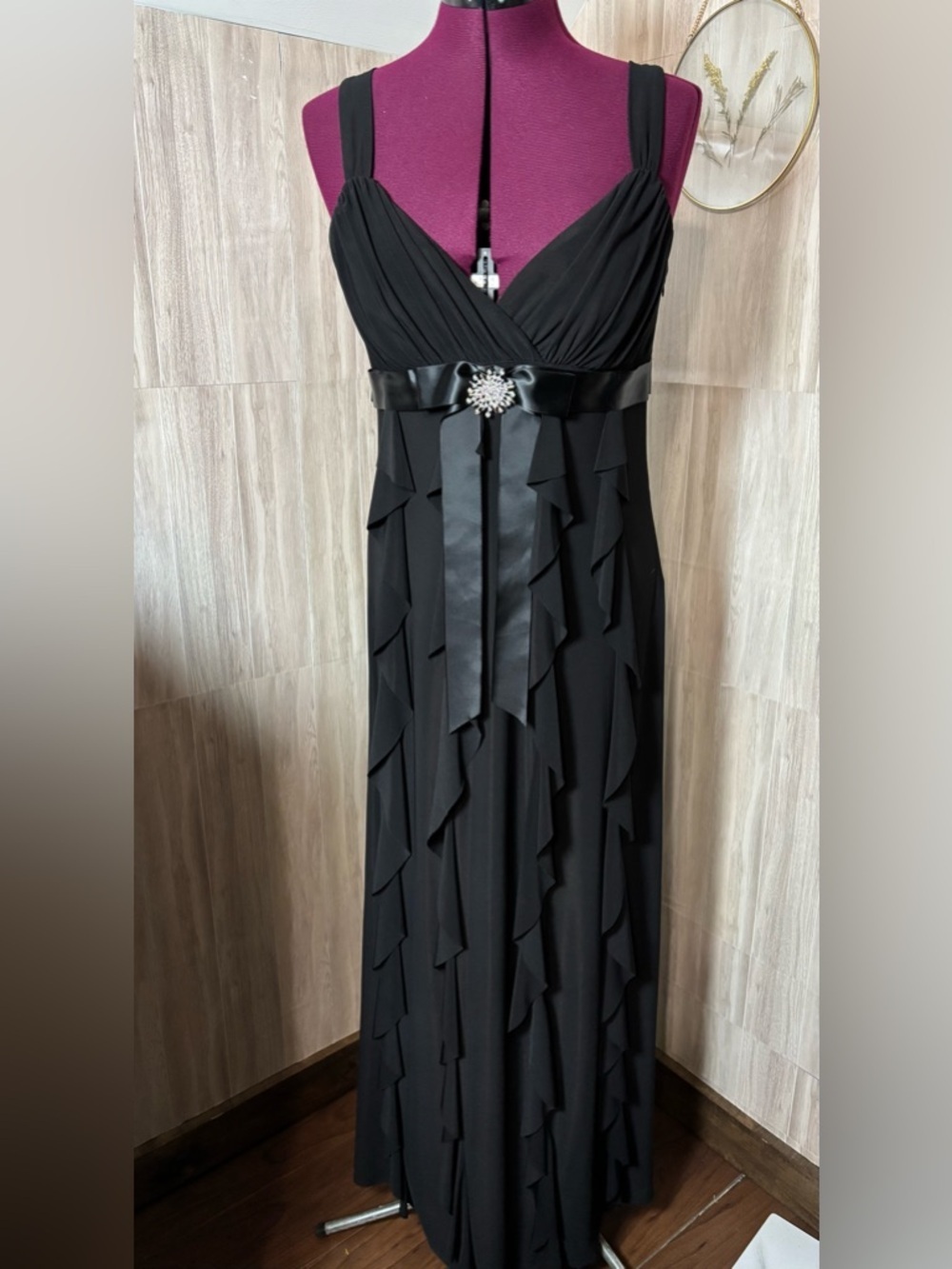 Scarlett Nite Black Maxi Dress with Satin Waist Bow and Brooch Prom